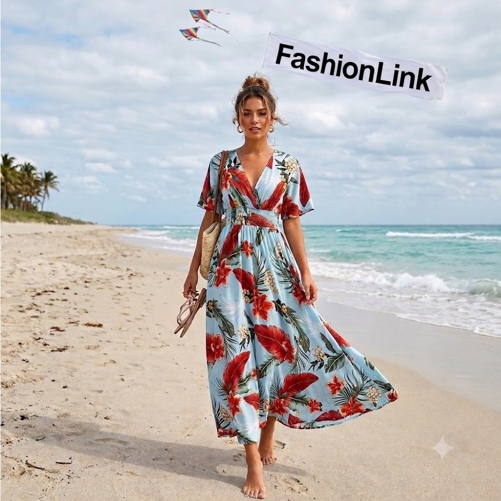 Tropical Floral Maxi Dress in Light Blue and Red